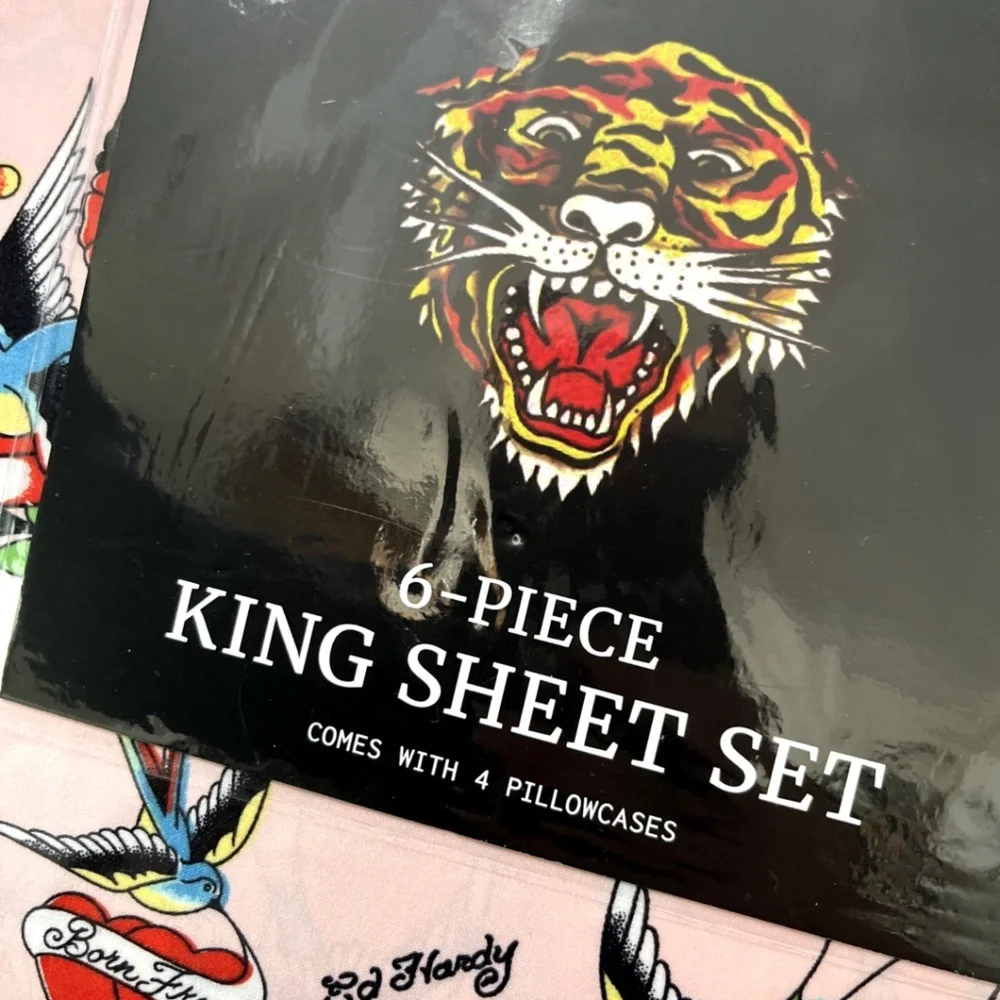 Ed Hardy King 6-Piece Sheet Set Americana Tattoo Skull Rose Swallow Print NWT